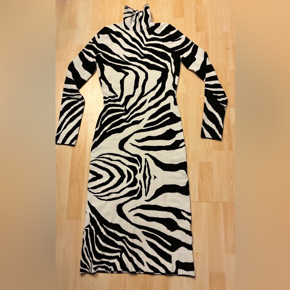 Cavalli Black & White Zebra Print Turtleneck Midi Dress - Picture 12 of 13